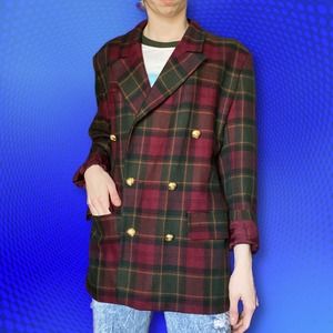 Vintage wool blazer Marks & Spencer red green gold preppy made in UK, size UK 12